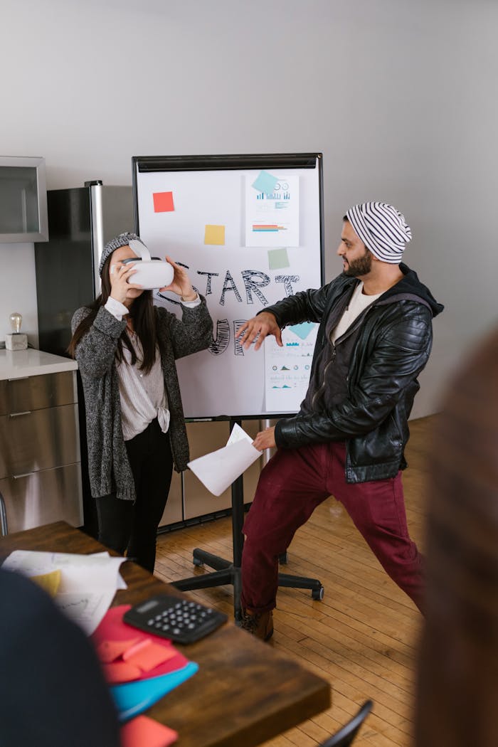 services-04 Dynamic scene of young entrepreneurs using VR technology in a startup setting.